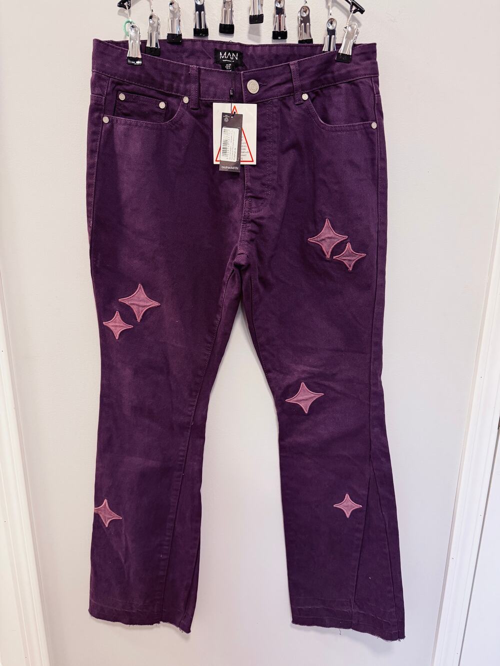 Boohoo Man Purple Heart Jeans 34 Slim Flare NWT Boho Style